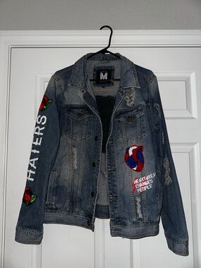 Mad City Heart braker Distressed Blue Denim Jacket with Embroidered Patches
